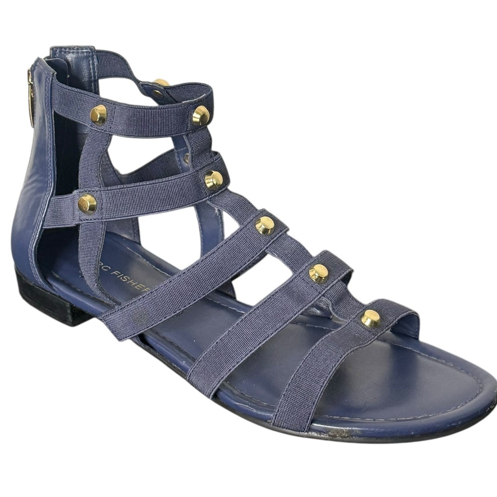 Marc Fisher Womens 8 Blue Gladiator Sandals Gold Studded Strappy Flat Open Toe